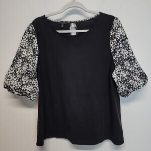 Talbots Floral Puff Sleeve Top Size XL Black Stretch Keyhole Ribbed Round Neck